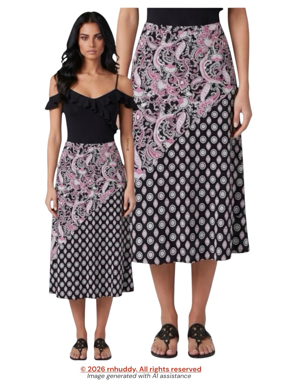 Chicos M black paisley printed jersey knit maxi skirt